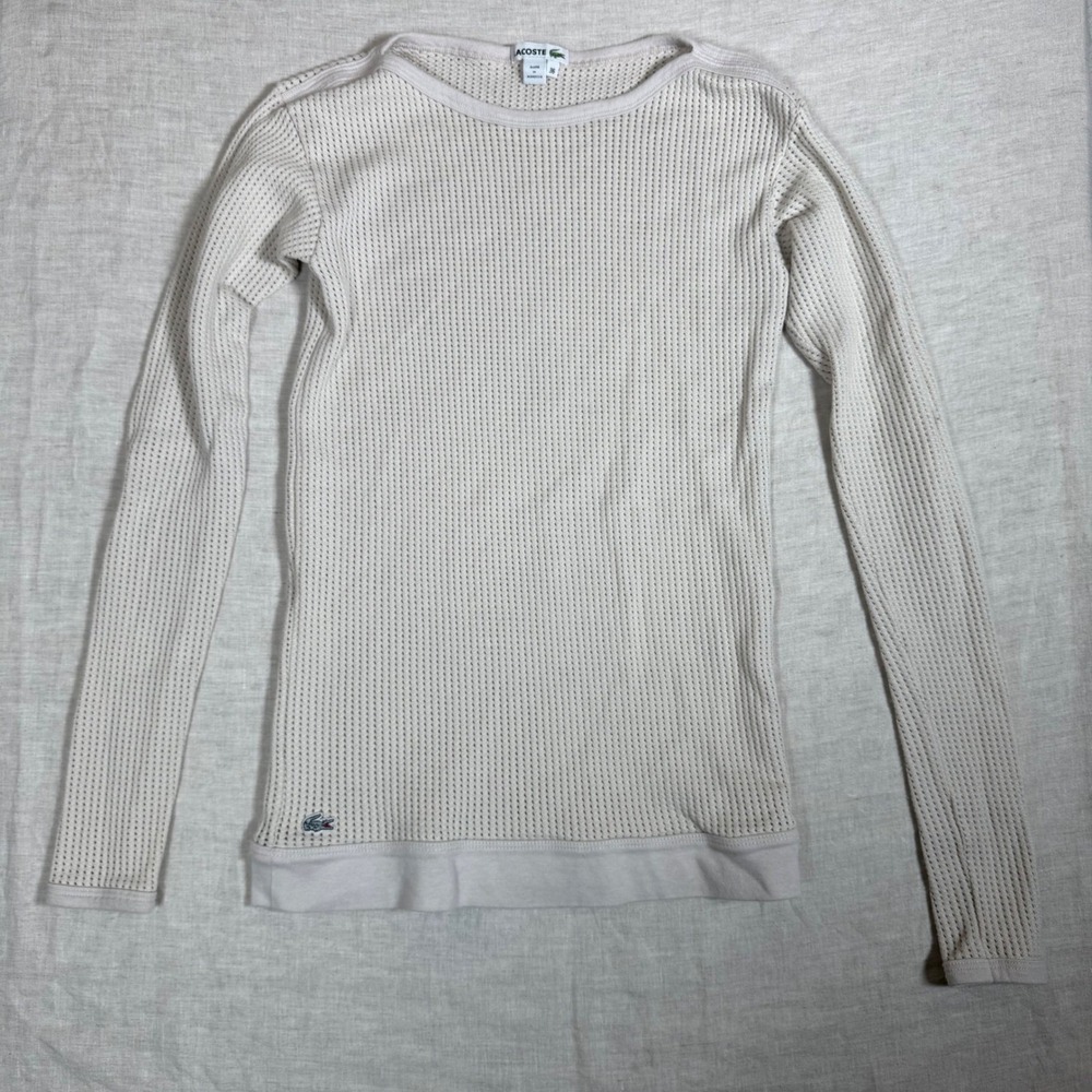 Lacoste Pointelle Knit Top Women 36 Cream XS‎ Long Sleeve Open Knit Logo